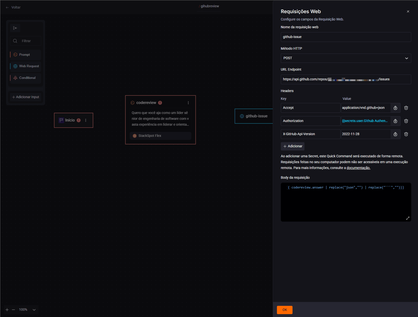 Exemplo de preenchimento dos Headers da requisição pelo preenchimento dos campos Key e Value disponíveis no menu de Secrets