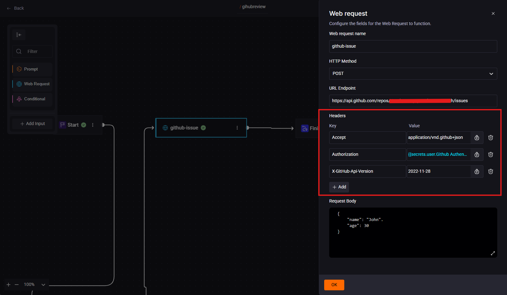 Exemplo de preenchimento dos Headers da requisição pelo preenchimento dos campos Key e Value disponíveis no menu de Secrets