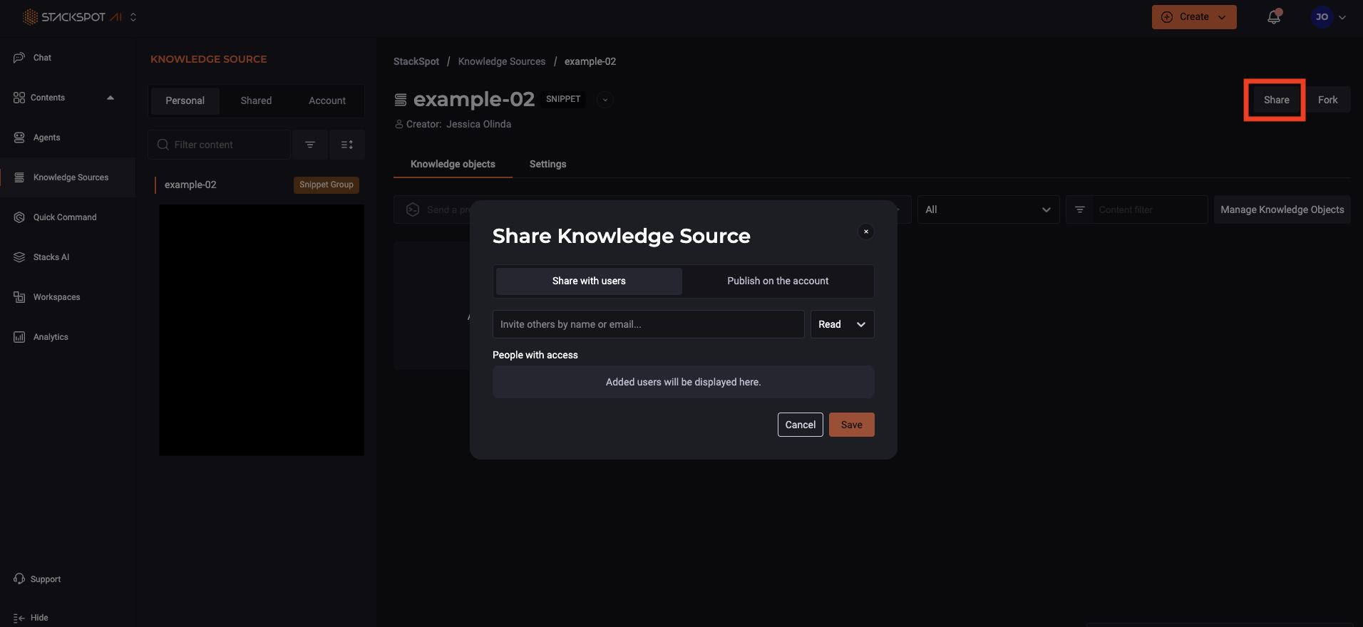 Imagem de compartilhar knowledge source, o campo de compartilhar com pessoas usuárias e opção de colocar email e escolher a permissão de escrita ou leitura.