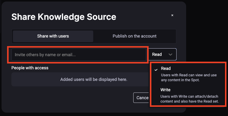 image showing the share with users page