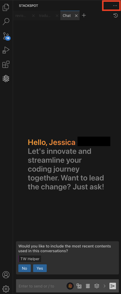 Tela da extensão StackSpot AI no Visual Studio Code com destaque no botão de Mais Opções.