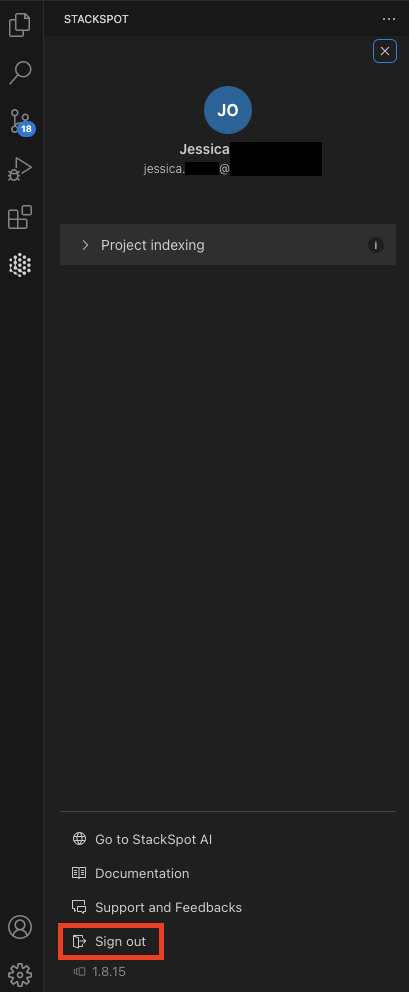 Tela da extensão StackSpot AI no Visual Studio Code com destaque no botão Sign Out que significa Deslogar em português.