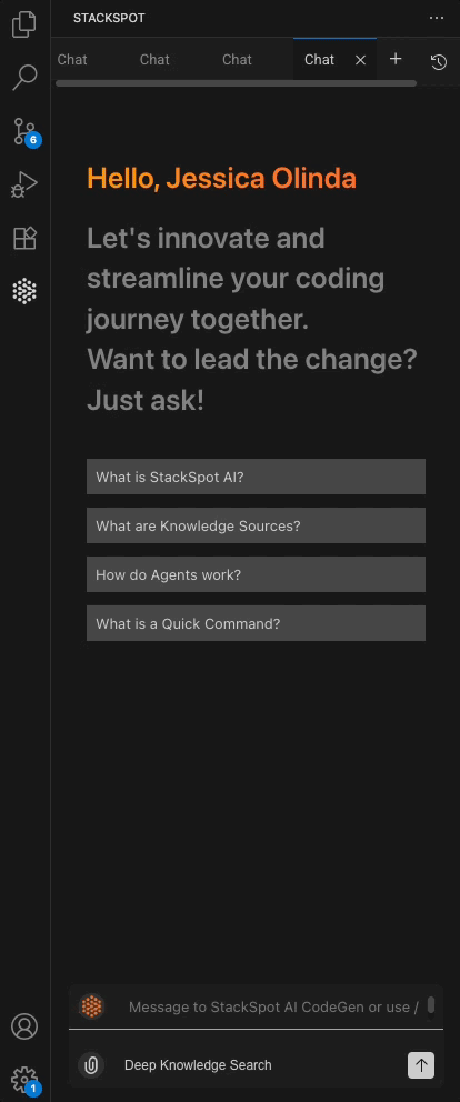 Gif mostrando a IDE do Visual Studio Code. O mouse vai até o botão de expandir na barra de chat e seleciona Spots. O mouse clica na aba de Conta e seleciona um Spot e depois na opção de Agente, seleciona um agente de pesquisa 