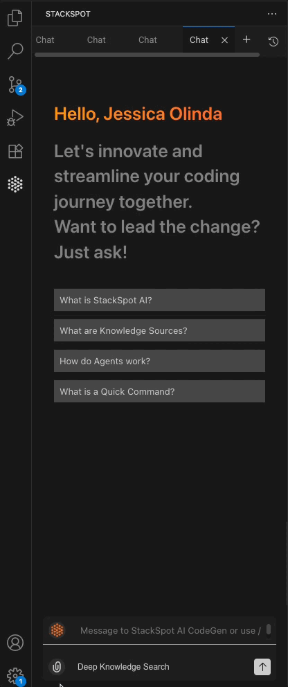 GIF mostrando o usuário na IDE e clicando no botão Stack AI e clicando nas abas de Favorito, Pessoal, Compartilhado e Conta e cada aba tem uma Stack AI disponível.
