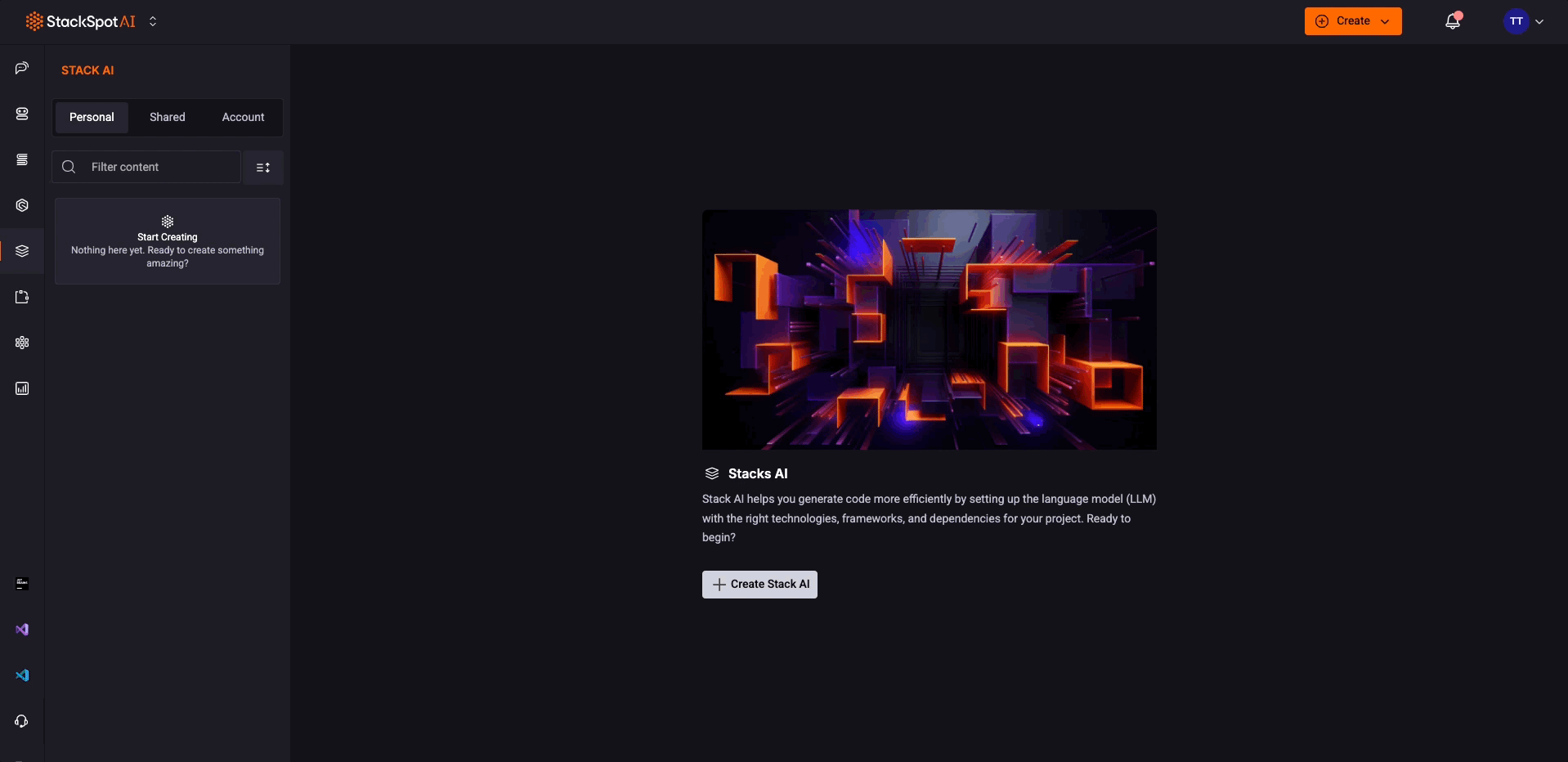 GIF animado mostrando a interface do portal StackSpot AI, especificamente na seção de Stacks AI. O cursor do mouse move-se para clicar em Criar stack ai. O usuário coloca nome e descrição e clica em próximo