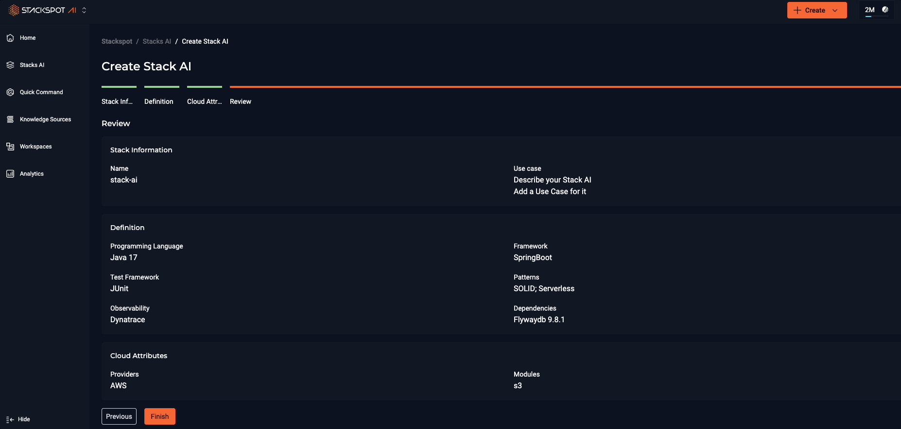 Gif animado exibindo a tela final de um processo de configuração em uma interface de usuário técnica. A tela mostra um formulário com várias seções de informações preenchidas, como Nome do Projeto, Configurações de Ambiente, Atributos de Cloud. O usuário revisa cuidadosamente todas as informações inseridas, confirmando que estão corretas e completas. Após a revisão, o cursor se move para o canto inferior direito da tela, onde o usuário clica no botão Terminar, indicando a conclusão do processo de criação.