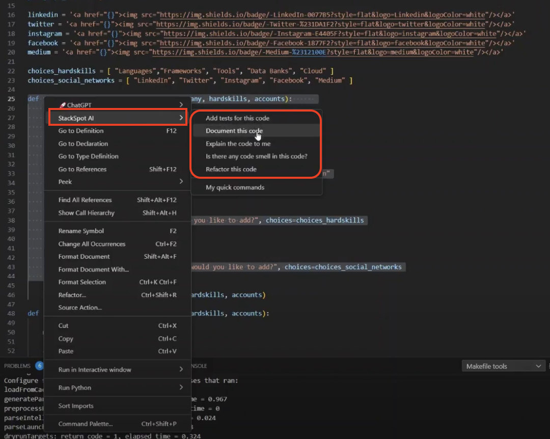 Imagem de uma IDE mostrando o cursor do mouse clicando com o botão direito para acessar um menu contextual. No menu, há uma opção chamada StackSpot AI seguida pelas opções disponíveis como Add tests for this code e Document this code, demonstrando como utilizar quick commands para automatizar tarefas de desenvolvimento.