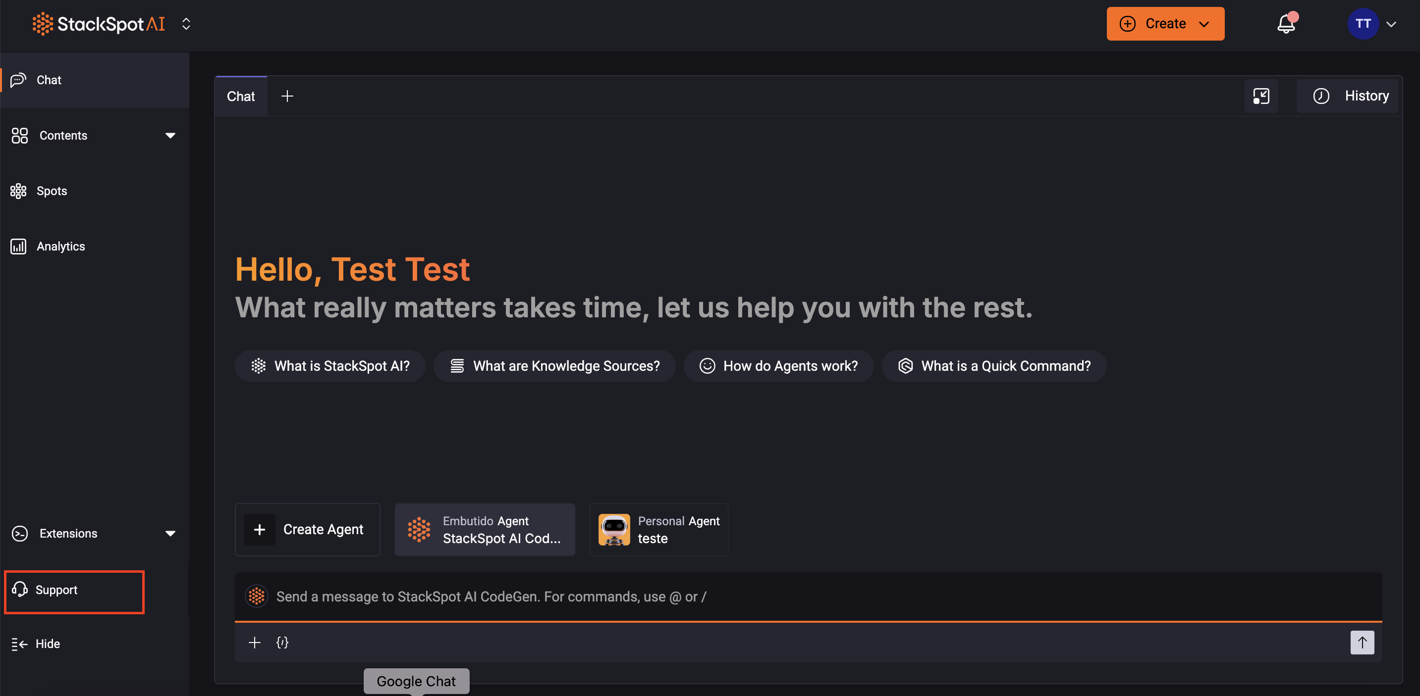 Imagem do Portal StackSpot mostrando a seção de Suporte acessada pelo menu do usuário, com o ícone de fone de ouvido em destaque.