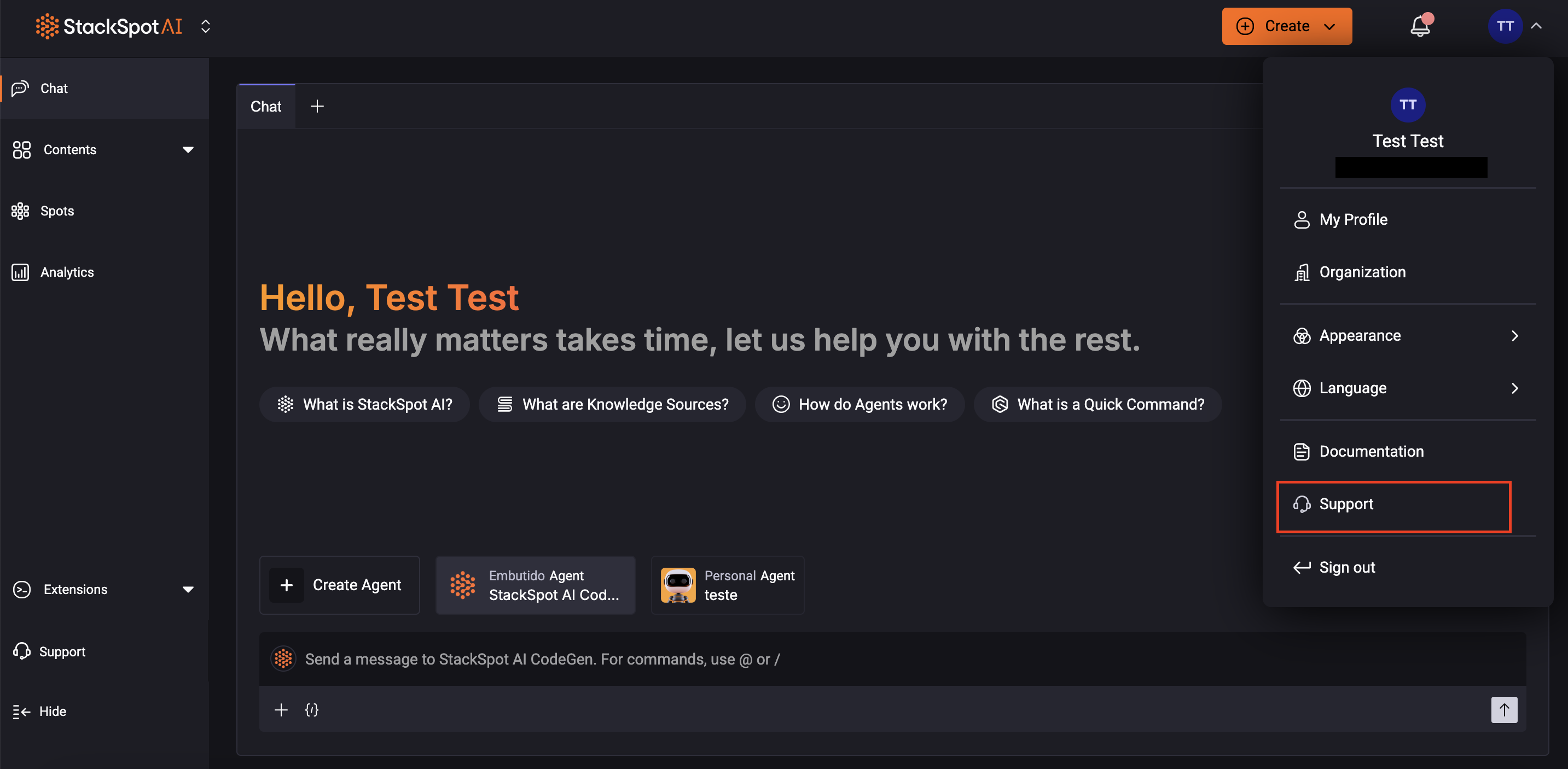 Imagem do Portal StackSpot mostrando a seção de Suporte acessada pela barra lateral, com o ícone de fone de ouvido em destaque.