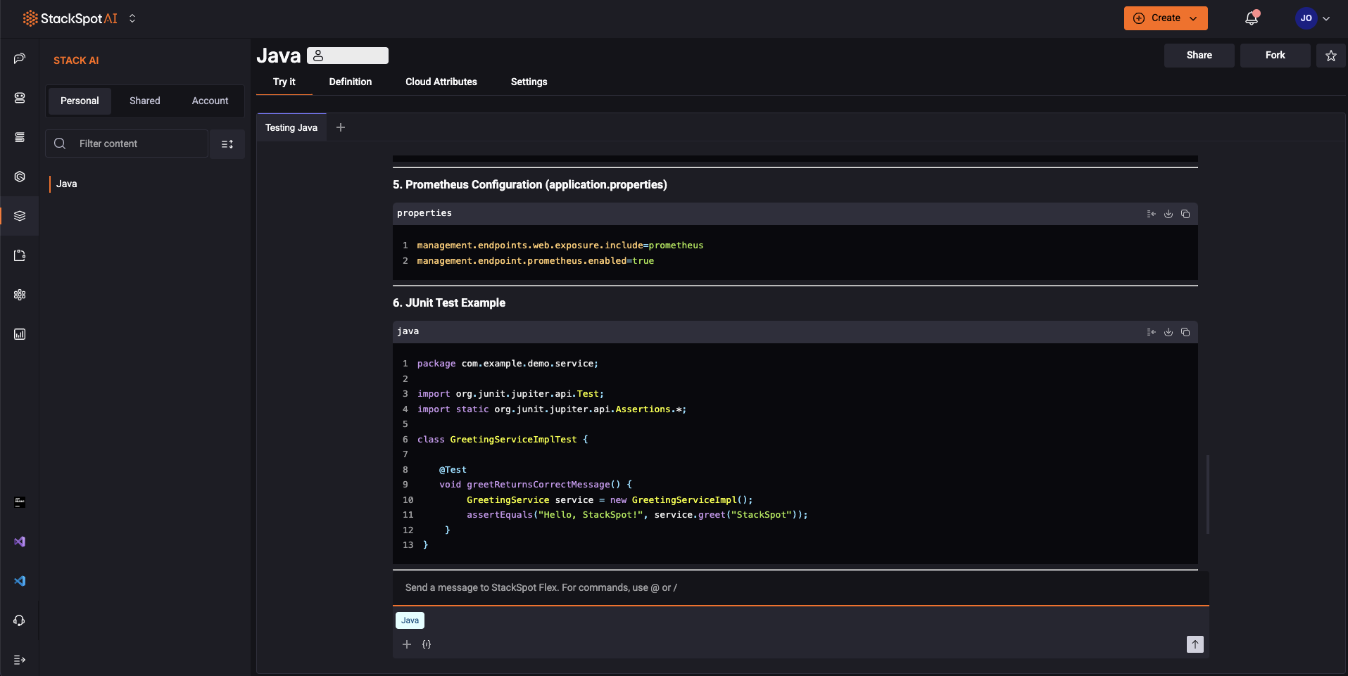 Tela do site da StackSpot AI exibindo a seção de Experimente da Stack AI, onde o usuário pode testar as definições de Stack AI inserindo um prompt