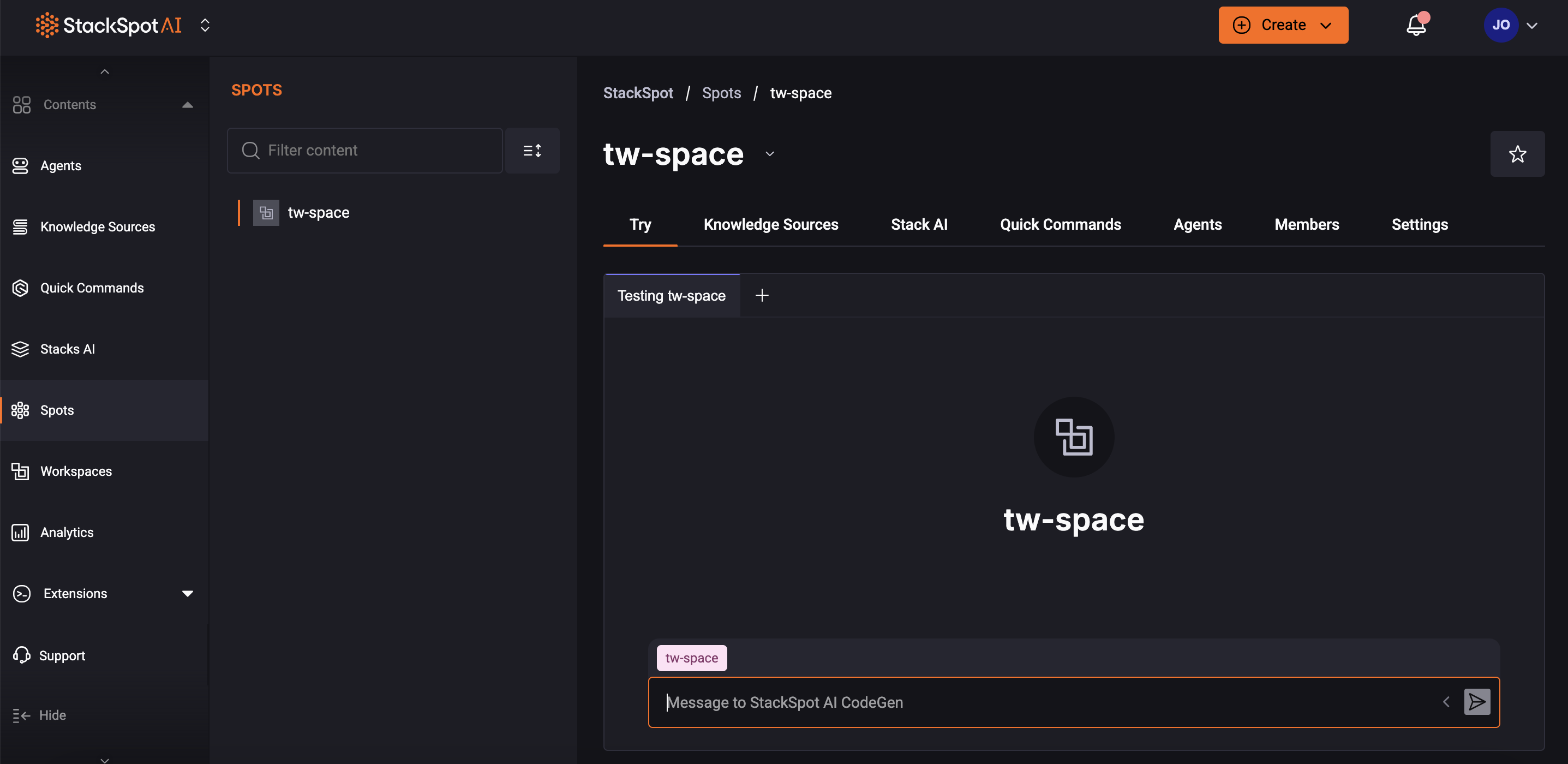 Tela do site da StackSpot AI exibindo a seção de Experimente do Spot, onde o usuário pode testar suas configurações de Spot.