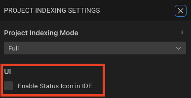 Captura de tela de uma IDE exibindo um quadrado indicando uma subseção nomeada como UI. Na subseção, há uma caixa de seleção com a frase Enable Status Icon in IDE.