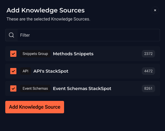 Captura de tela da interface para adicionar Knowledge Sources na StackSpot. A tela exibe três tipos de Knowledge Sources listados: Snippet Group, API e Event Schema. Depois dessas opções, encontra-se um botão rotulado Adicionar Knowledge Sourc