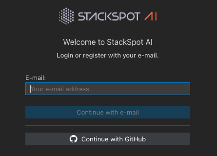 Captura de tela da página de login do portal StackSpot AI. A imagem mostra um formulário de login com campos para inserir o endereço de e-mail e a senha. Acima dos campos, há o logotipo da StackSpot AI, e depois, um botão com o texto continue with email. 