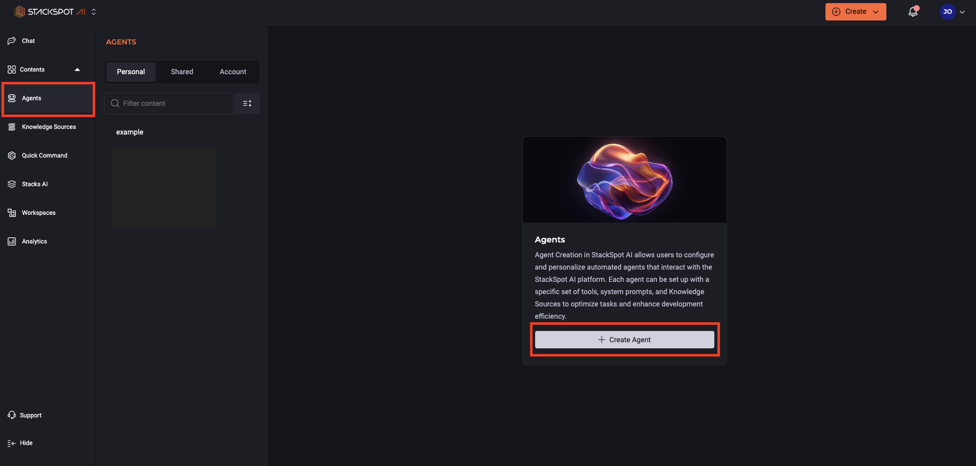 Imagem mostra a tela de Agentes no Portal da StackSpot AI. A seção Contents e o destaque para a seção Agentes e o botão Criar Agente.