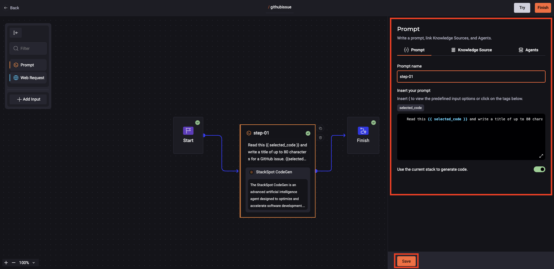 Captura de tela do portal da StackSpot AI exibindo a criação de um Quick Command, com os campos &#39;Nome do Prompt&#39;, &#39;Inserir o seu Prompt&#39; e o botão &#39;Salvar&#39; na parte inferior.