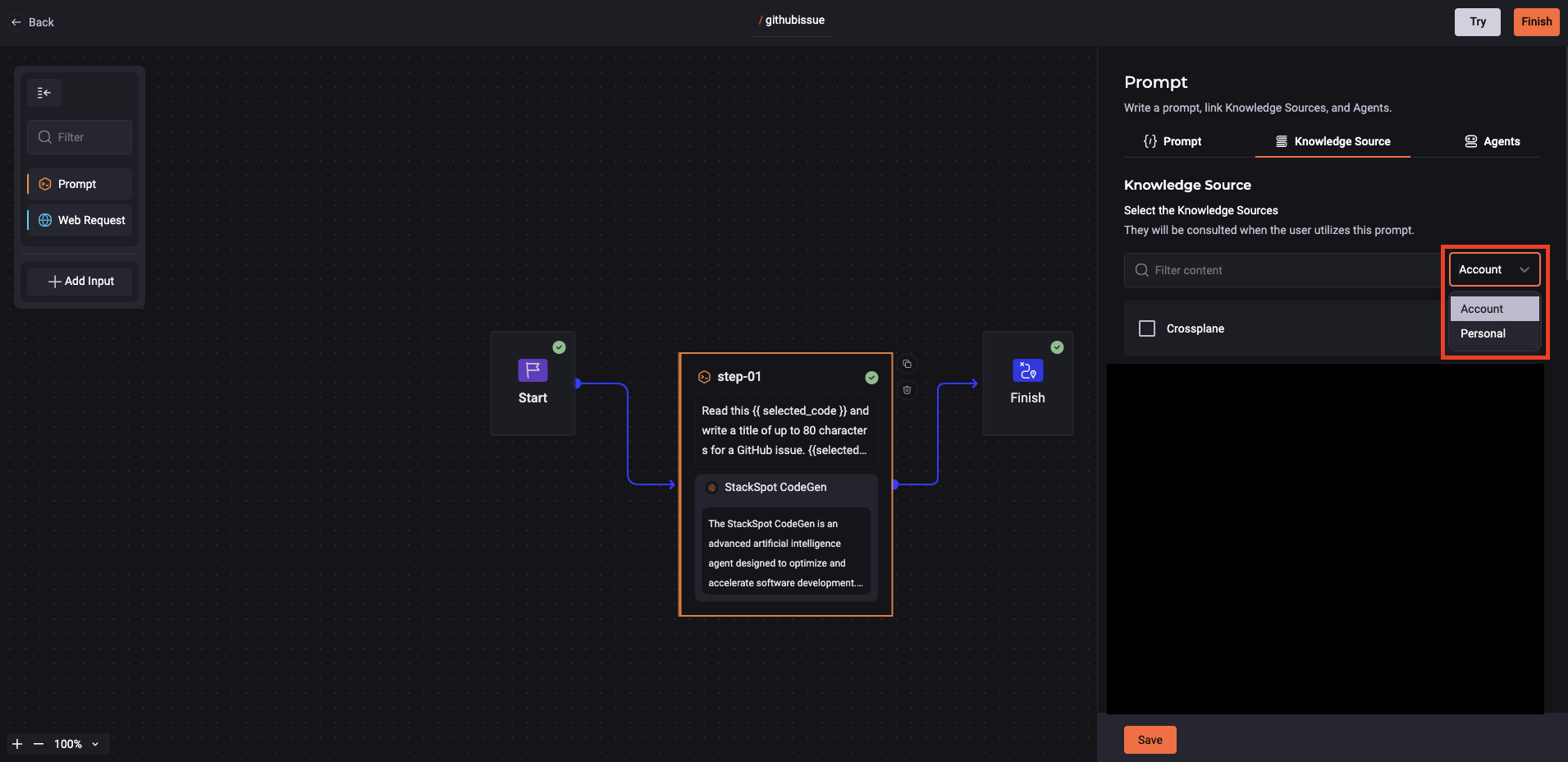 Captura de tela da seção do portal StackSpot AI onde é possível adicionar Knowledge Sources ao Quick Command, com opções para selecionar KS da conta ou pessoais.