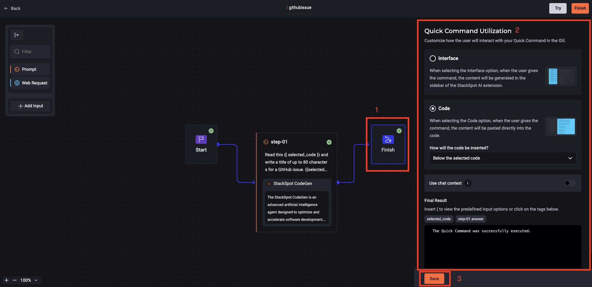 Captura de tela da seção de utilização do comando no portal StackSpot AI, mostrando as opções de interação do usuário com o comando na IDE e o resultado final. O botão &#39;Salvar&#39; está destacado