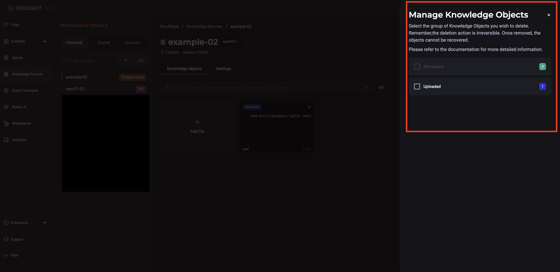 Tela do portal da StackSpot AI após acessar a seção de Knowledge Source. O usuário clicou no botão &#39;Gerenciar Knowledge Objects&#39;, e a tela exibe as opções para apagar objetos standalone ou arquivos enviados via upload.