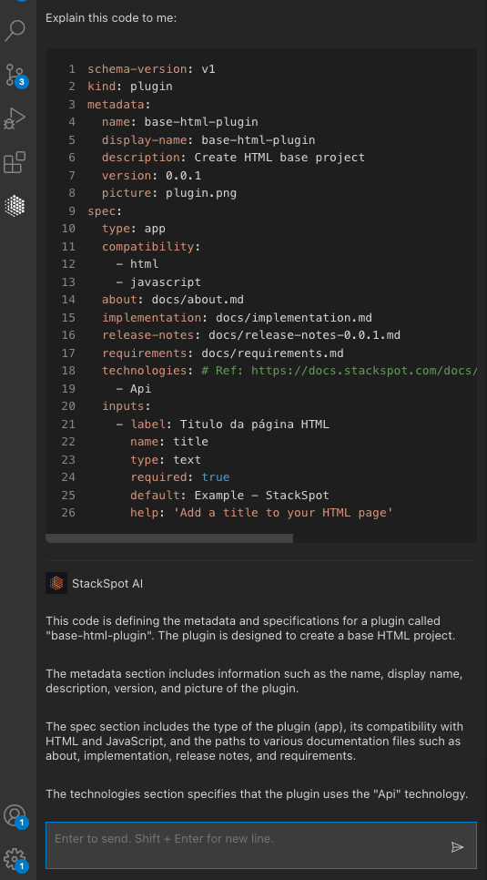 Imagem mostrando o chat da StackSpot AI dentro de uma IDE, com a resposta ao comando rápido &#39;Explain this code to me&#39;. O chat exibe uma explicação detalhada do código previamente selecionado pelo usuário, facilitando a compreensão do código em questão.