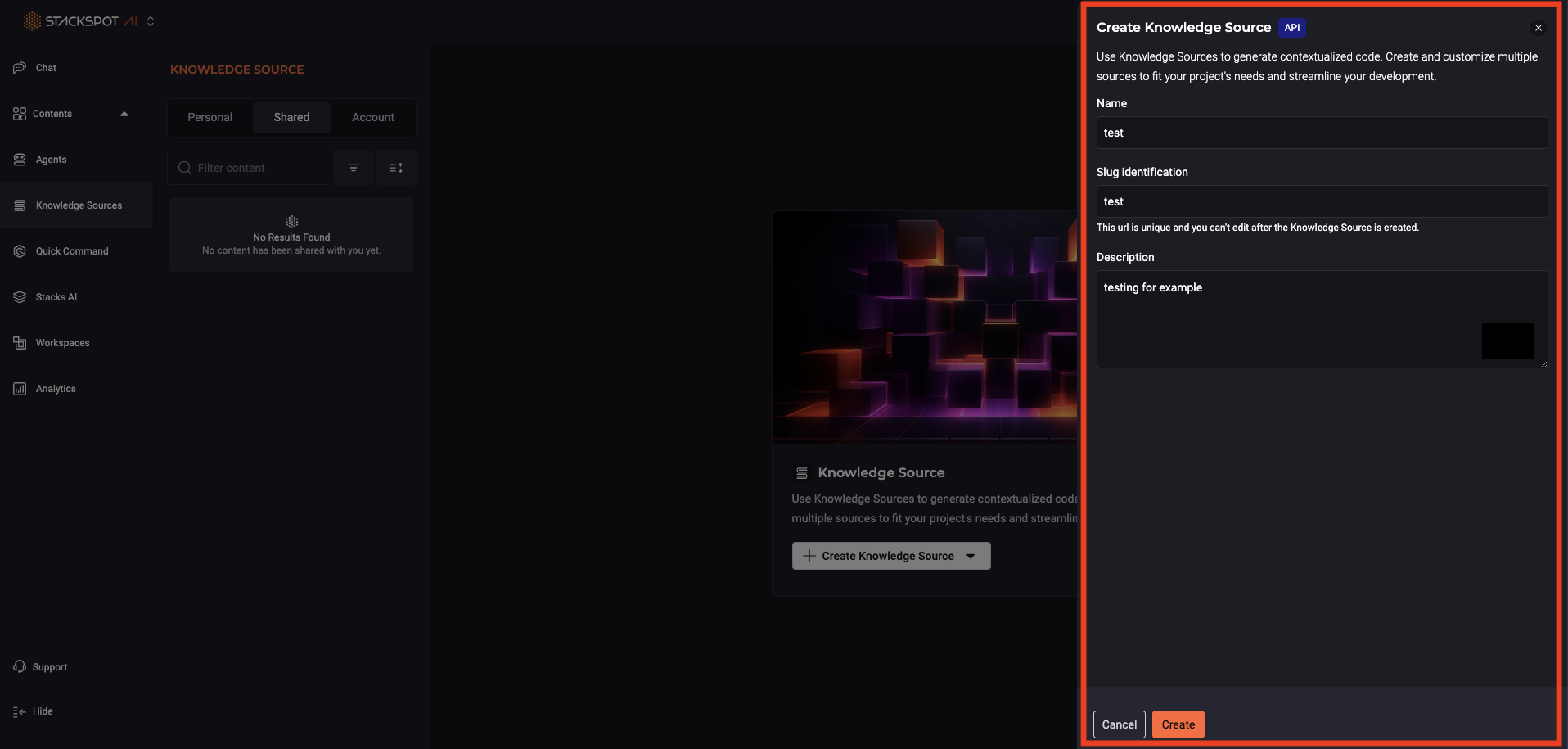 Imagem da criação de uma API de Knowledge Source. Os campos de nome, identificação do slug e descrição. Em seguida, o botão de criar.