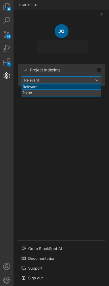 Captura de tela da extensão StackSpot AI no Visual Studio Code. A imagem destaca o botão de &quot;Indexar Projeto&quot; no menu de três pontos no canto superior direito da extensão.