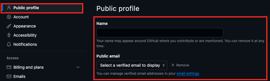 Captura de tela da documentação do GitHub. Mostra como você deve selecionar seu e-mail público e clicar no botão Atualizar perfil.