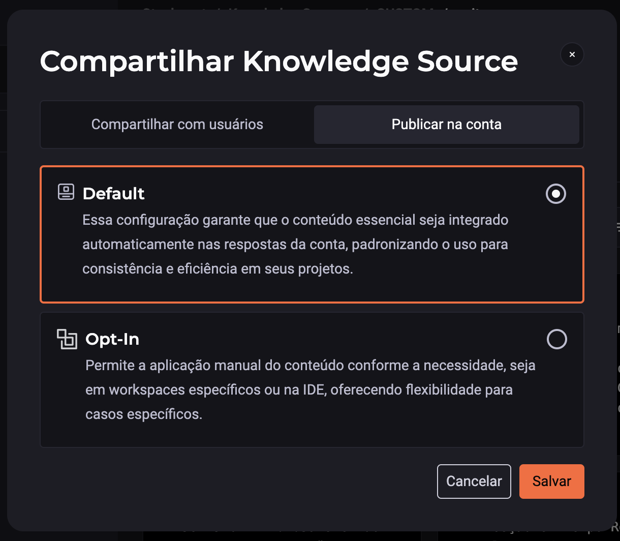 Imagem do portal StackSpot AI mostrando a página de compartilhamento de conteúdo na conta. É possível escolher a opção de default ou opt-in.