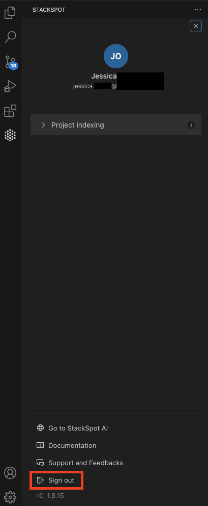 Tela da extensão StackSpot AI no Visual Studio Code com destaque no botão &#39;Sign Out&#39; (Deslogar) localizado no rodapé da página.
