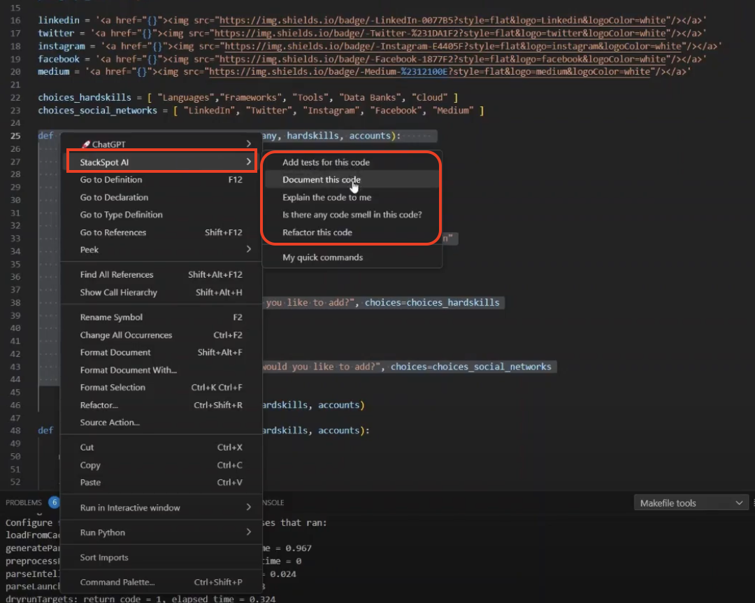 Imagem de uma IDE mostrando o cursor do mouse clicando com o botão direito para acessar um menu contextual. No menu, há uma opção chamada &#39;StackSpot AI&#39; seguida pelas opções disponíveis como &#39;Add tests for this code&#39; e &#39;Document this code&#39;, demonstrando como utilizar quick commands para automatizar tarefas de desenvolvimento.