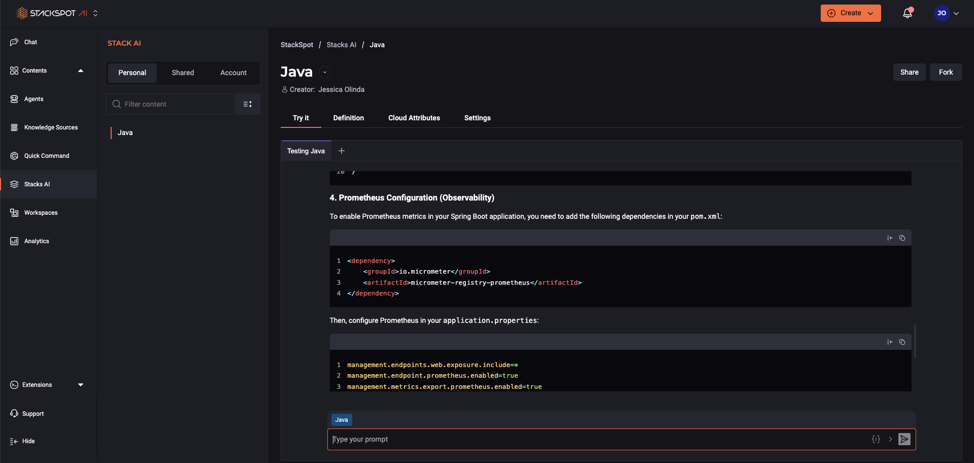 Tela do site da StackSpot AI exibindo a seção &#39;Experimente&#39; da Stack AI, onde o usuário pode testar as definições de Stack AI inserindo um prompt