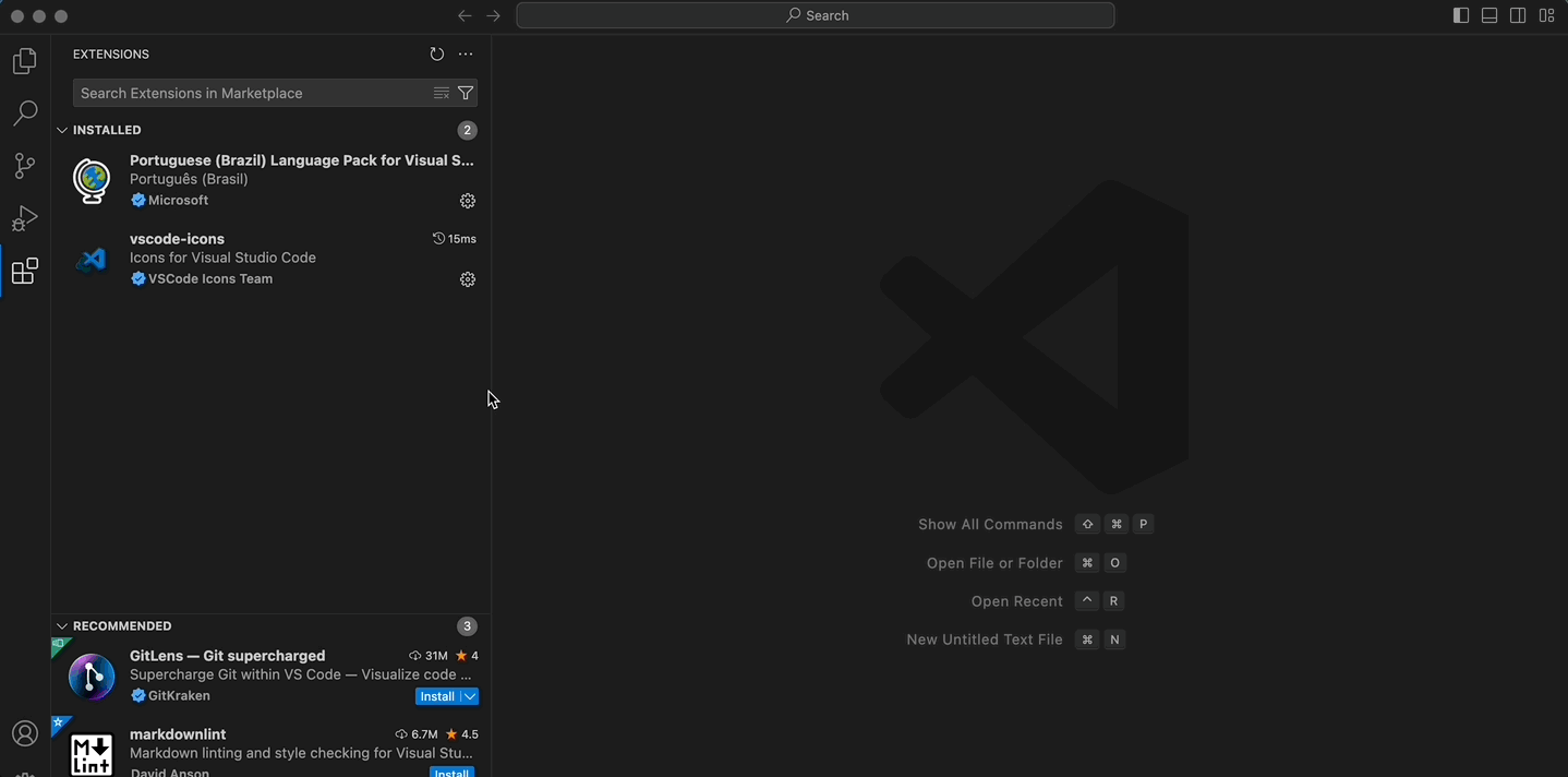 Gif mostrando o processo de instalação da extensão StackSpot AI no Visual Studio Code. Primeiramente, o cursor se move até o menu principal e clica no botão &quot;Extensões&quot;. Em seguida, na barra de pesquisa que aparece na parte superior, o usuário digita &quot;StackSpot AI&quot;. A opção &quot;StackSpot AI&quot; surge como a primeira na lista de resultados. O cursor então se desloca até esta opção e clica no botão &quot;Instalar&quot;, iniciando a instalação da extensão.