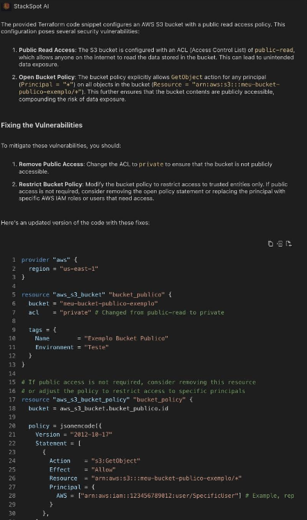 Captura de tela: StackSpot AI removeu o acesso público ao bucket S3 e restringiu as políticas de acesso.