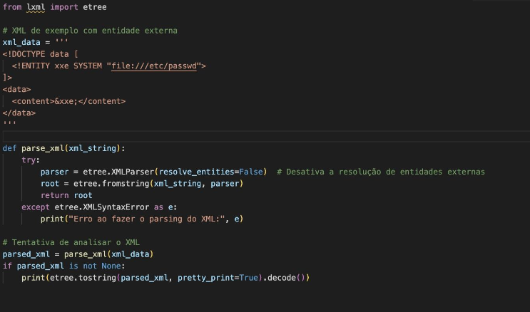 Screenshot código Python com vulnerabilidade XXE